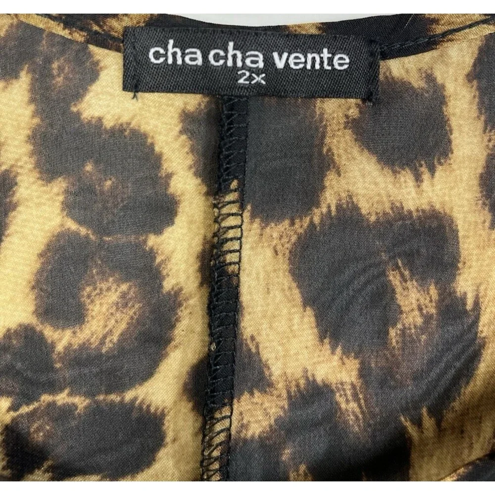 Cha Cha Vente Leopard Print High Low Top Plus 2X Tunic Short Sleeve Sheer Blouse - Picture 5 of 8